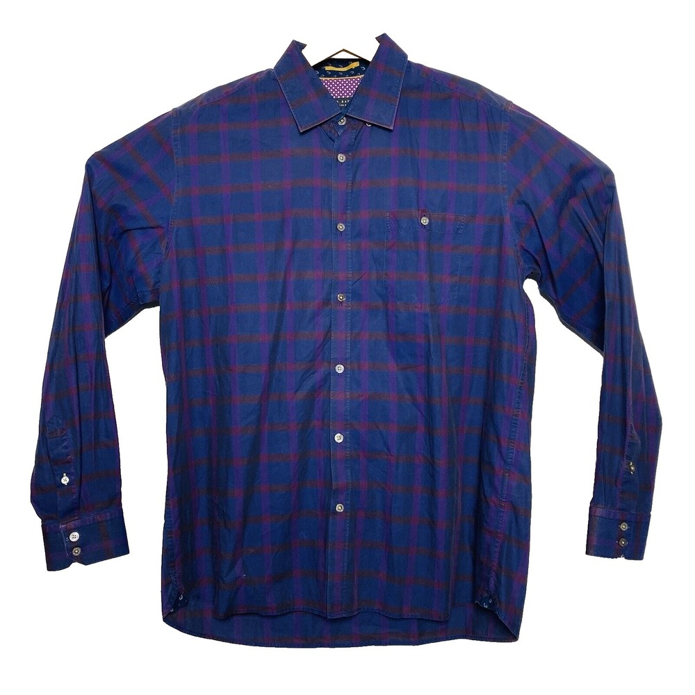 Ted Baker London Purple Plaid Thepane Cotton L/S Button Down w/ Pocket Size XL